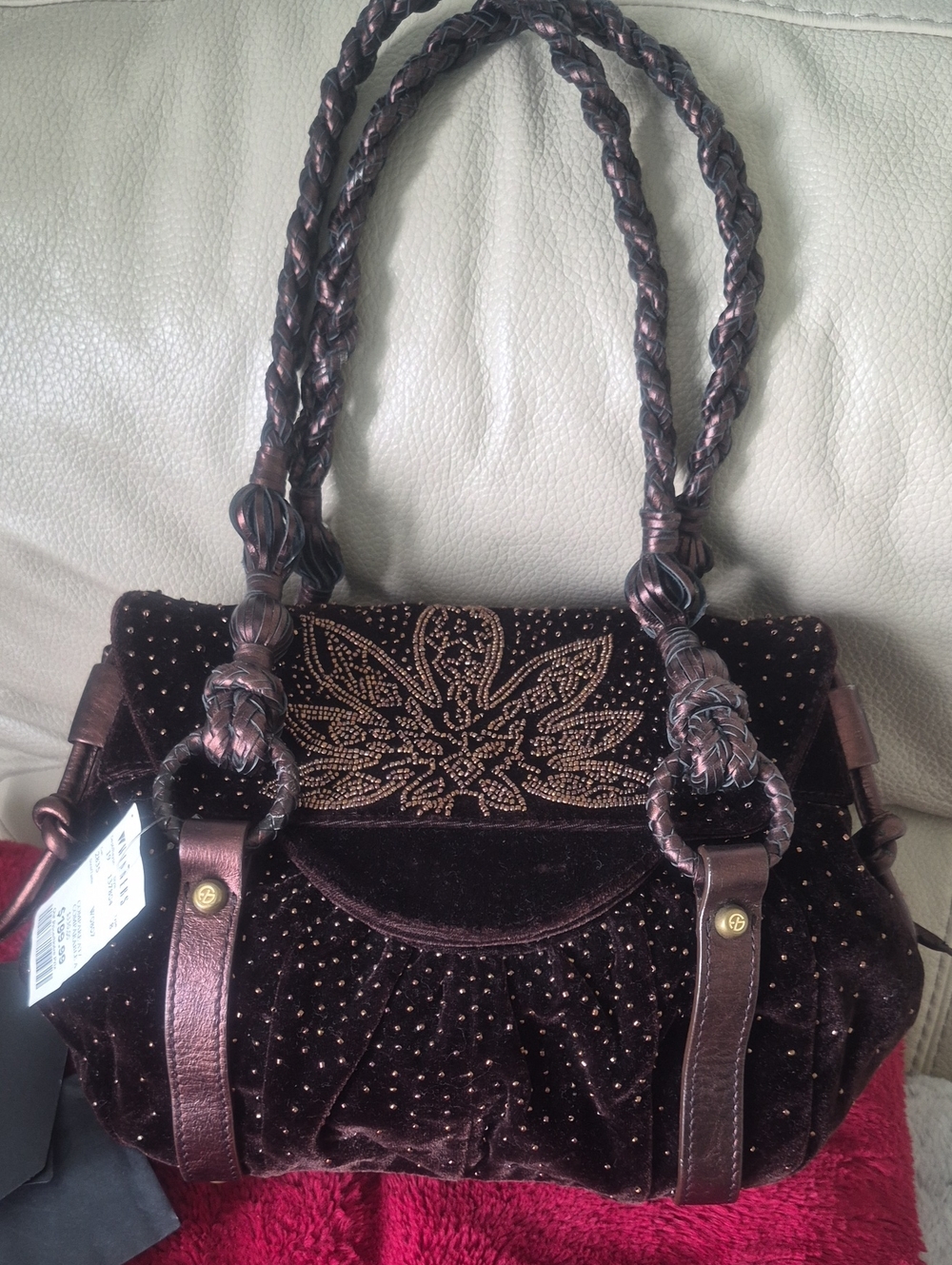 Francesco Biasia Brown Velvet Beaded Shoulder Bag